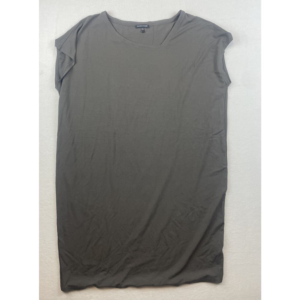 Eileen Fisher Viscose Womens Sz L Jersey Cap-Sleeve Tunic Shirt Olive Green
